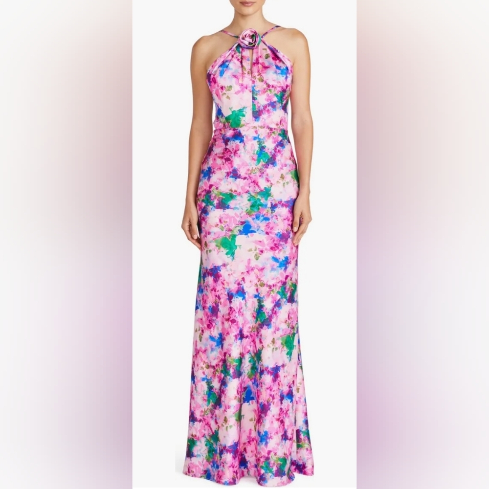 Monique Lhuillier Waterlily Floral Satin Halter Dress NWT - Picture 5 of 11